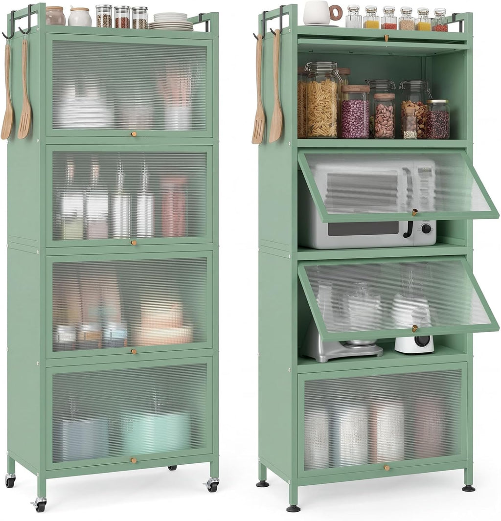 Giantex 5-Tier Kitchen Storage Cabinet, Freestanding Metal Pantry Cabinet w/ 4 Flip-up PC Doors, 4 Hooks & Adjustable Feet, 60' Tall Bakers Rack Microwave Stand for Dining Room, Living Room, Green