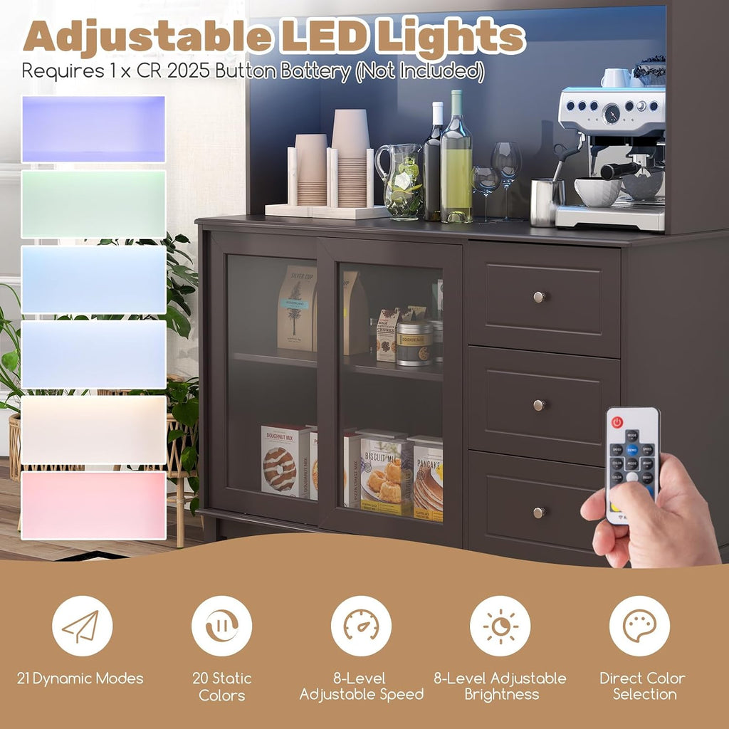 Giantex 73' Kitchen Pantry Storage Cabinet, Hutch Cabinet with LED Lights & Power Outlet, Kitchen Buffet Sideboard w/Wine Glass Racks, Countertop, Adjustable Shelf, Drawers for Dining Room (Espresso)
