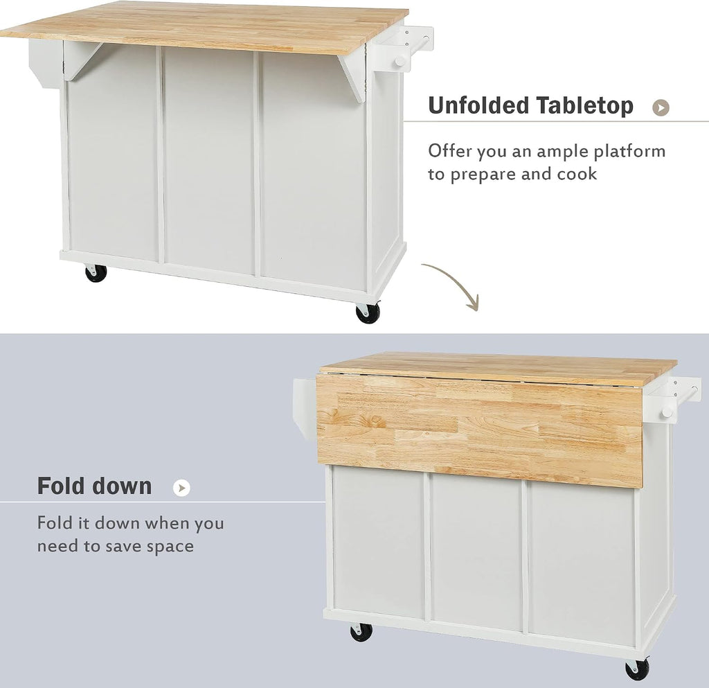 Modern Kitchen Island on 5 Wheels with Storage Cabinet and Drop-Leaf Countertop, Kitchen Cart with Cabinet Door Internal Storage Racks and 3 Drawers for Dinning Room (White#M)