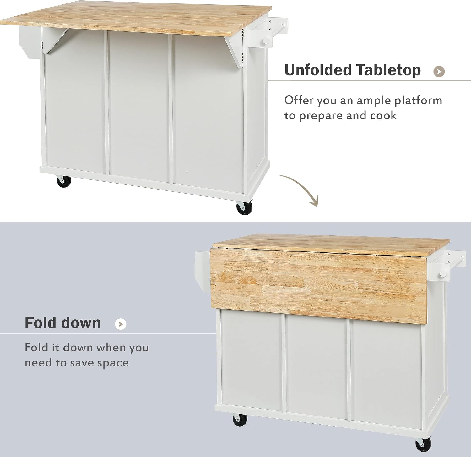 Modern Kitchen Island on 5 Wheels with Storage Cabinet and Drop-Leaf Countertop, Kitchen Cart with Cabinet Door Internal Storage Racks and 3 Drawers for Dinning Room (White#M)