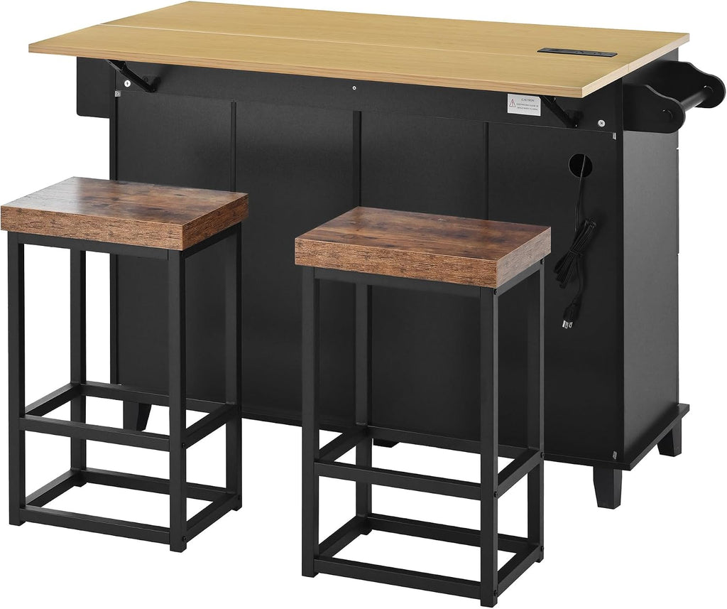 Farmhouse Kitchen Island with Drop Leaf and 2 Seatings, Kitchen Table Set with Storage Cabinet, Drawers, Door Shelves and Power Outlet Black+Rustic Brown