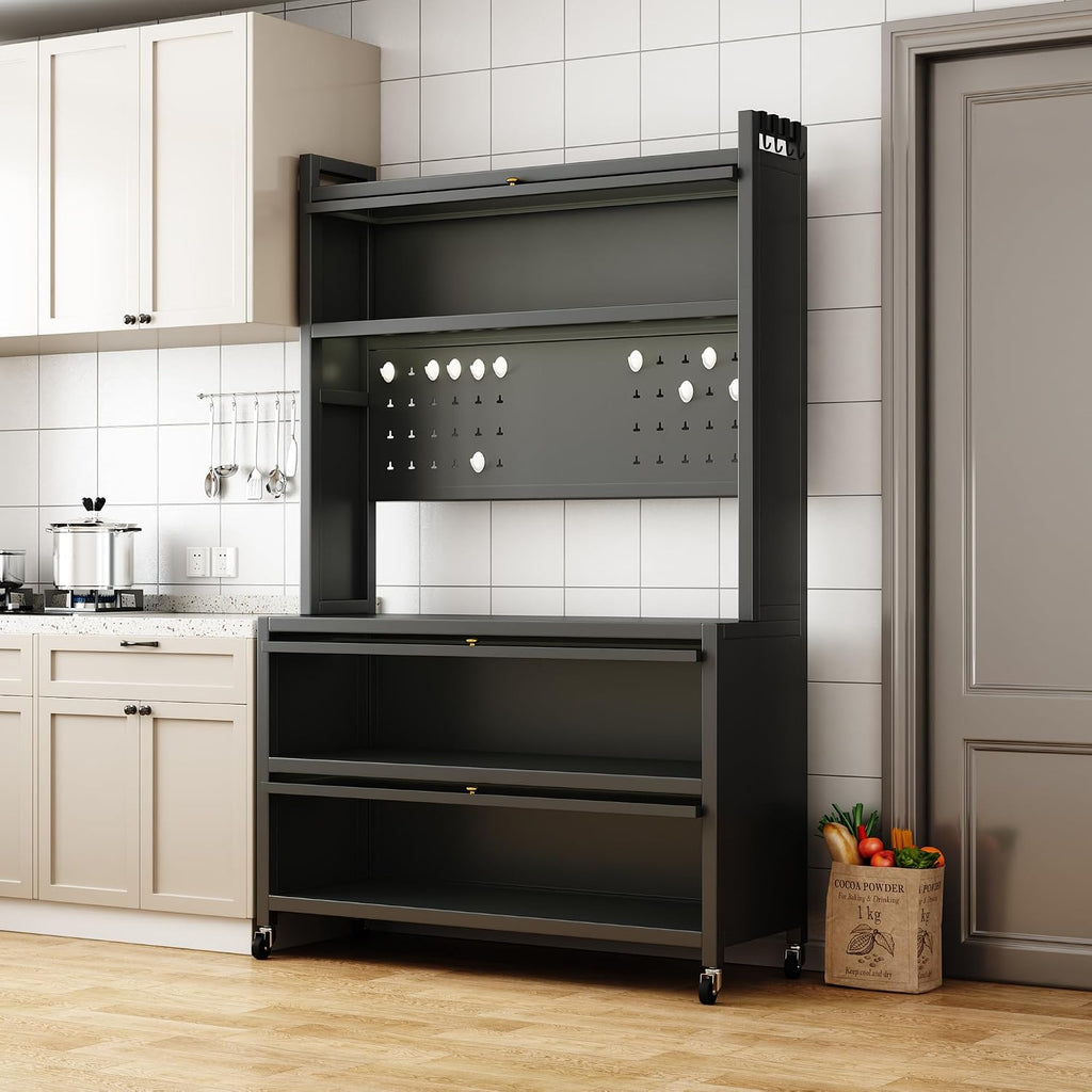 Kitchen Bakers Rack with Wheels, 65' Mobile Storage Cabinet for Living Room with Glass Doors and Pegboard Microwave Stand Coffee Station with Drawers Open Top Shelf for Entryway Dark Gray