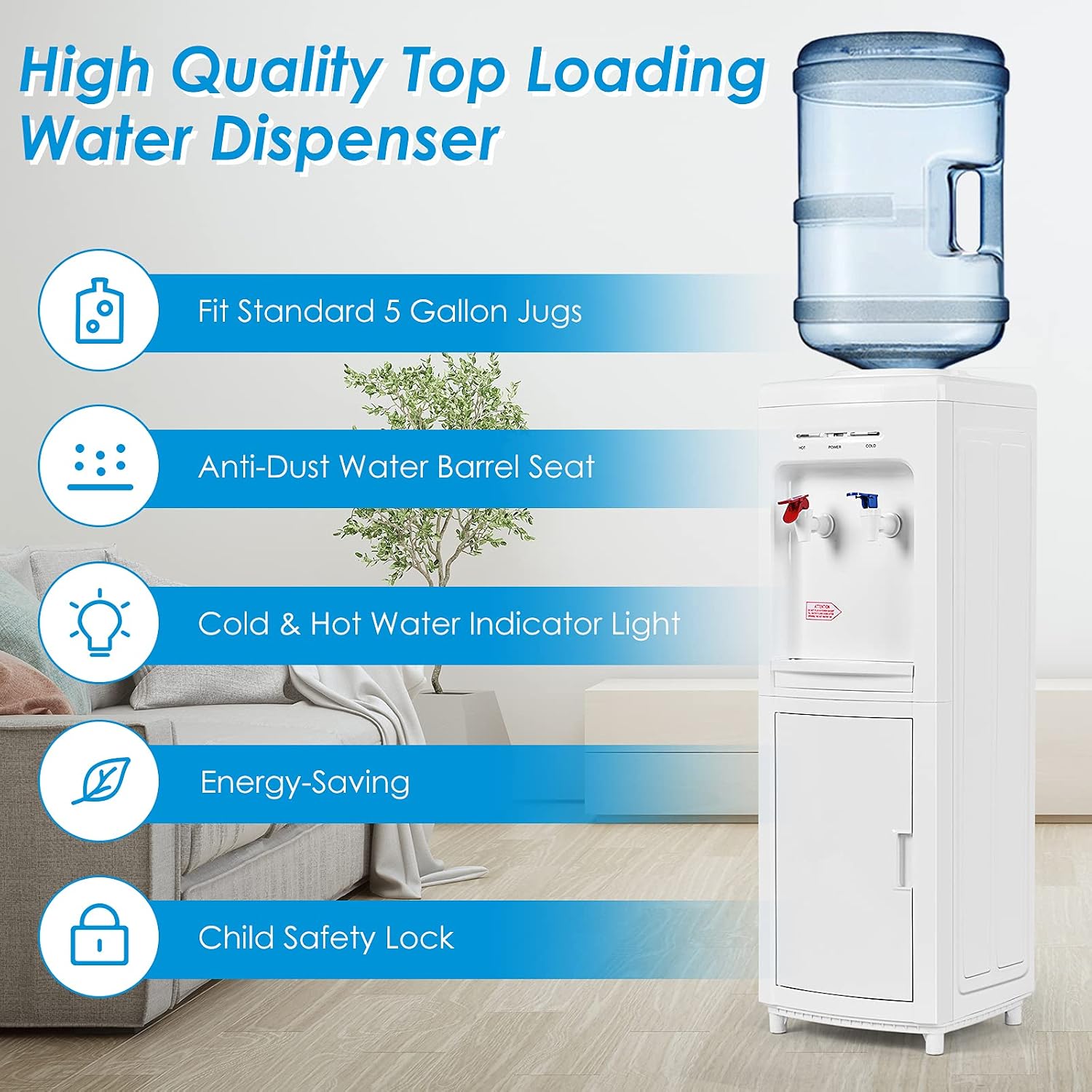 GOFLAME Water Cooler Dispenser Top Loading, Water Dispenser with Hot & Cold Water, Storage Cabinet, Child Safety Lock, Holds 3-5 Gallon Bottles for Home Office Dorm