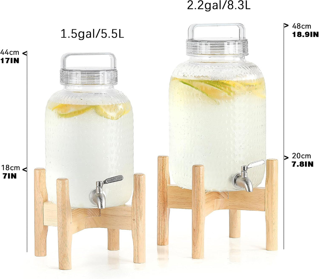 EGGKITPO 2 Pack 1.5 Gallon Drink Dispensers for Parties Hosting Wedding Beverage Dispenser with Wood Stand and Spigot, BPA-Free Polycarbonate Lemonade Container for Halloween Home Buffet Iced Tea