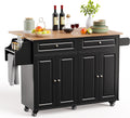 Qsun Kitchen Island with Storage, Kitchen Cart on 5 Universal Wheels, Mobile Kitchen Island with Rubber Wood Top and Side Rack (Black)