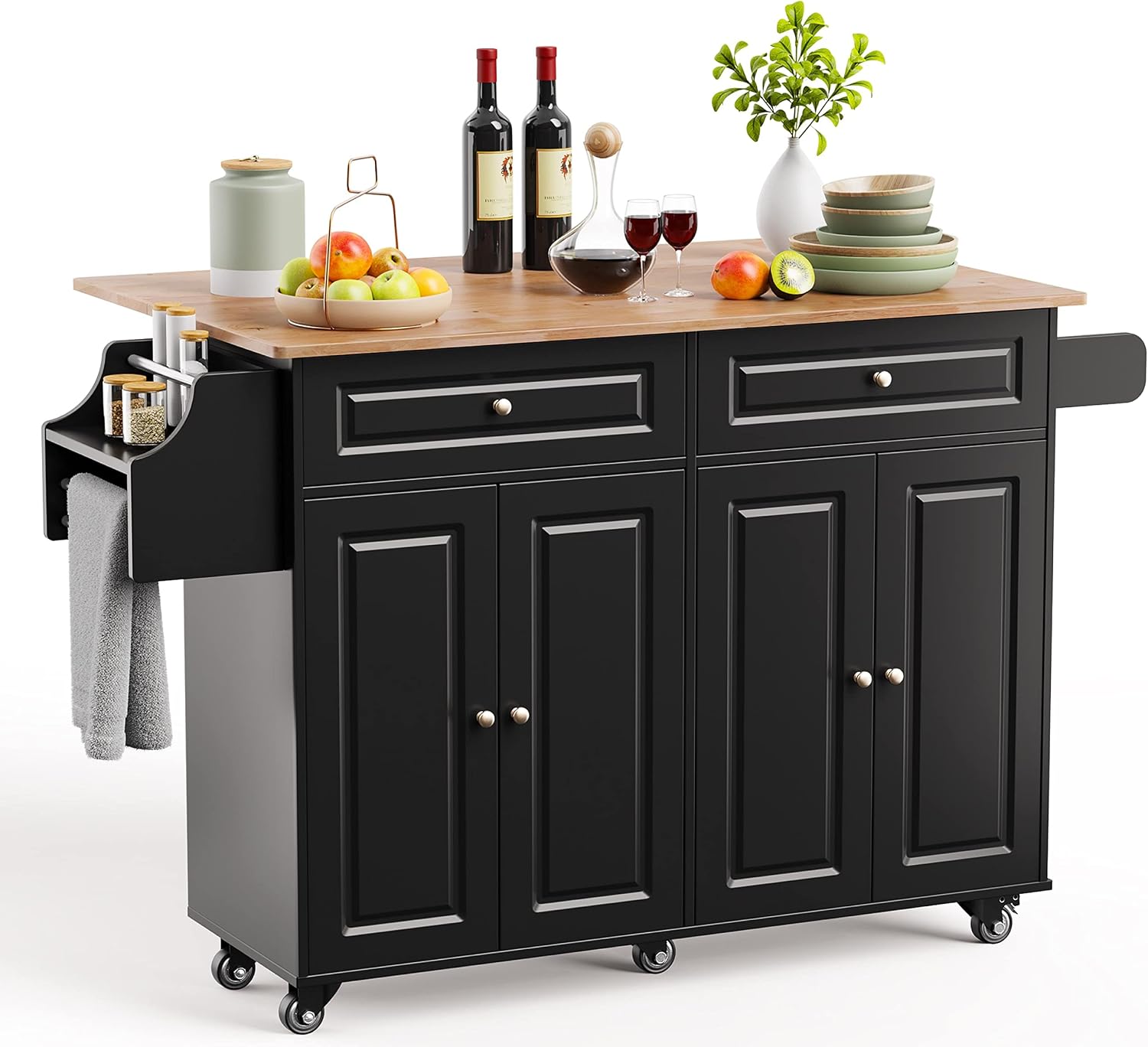 Qsun Kitchen Island with Storage, Kitchen Cart on 5 Universal Wheels, Mobile Kitchen Island with Rubber Wood Top and Side Rack (Black)
