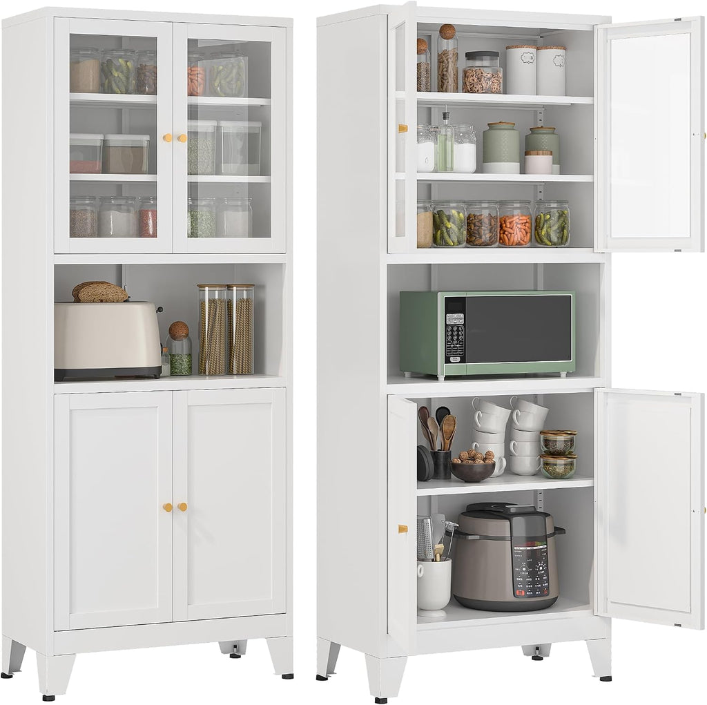 YAUWOH 69' Tall Metal Pantry Cabinet with Microwave Shelf, 2 Glass Doors & 3 Adjustable Shelves, 120LBS Per Shelf Heavy Duty Storage Cabinet with Anti-Tip Design for Kitchen,Dining Room (1PC,White)