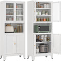 YAUWOH 69' Tall Metal Pantry Cabinet with Microwave Shelf, 2 Glass Doors & 3 Adjustable Shelves, 120LBS Per Shelf Heavy Duty Storage Cabinet with Anti-Tip Design for Kitchen,Dining Room (1PC,White)