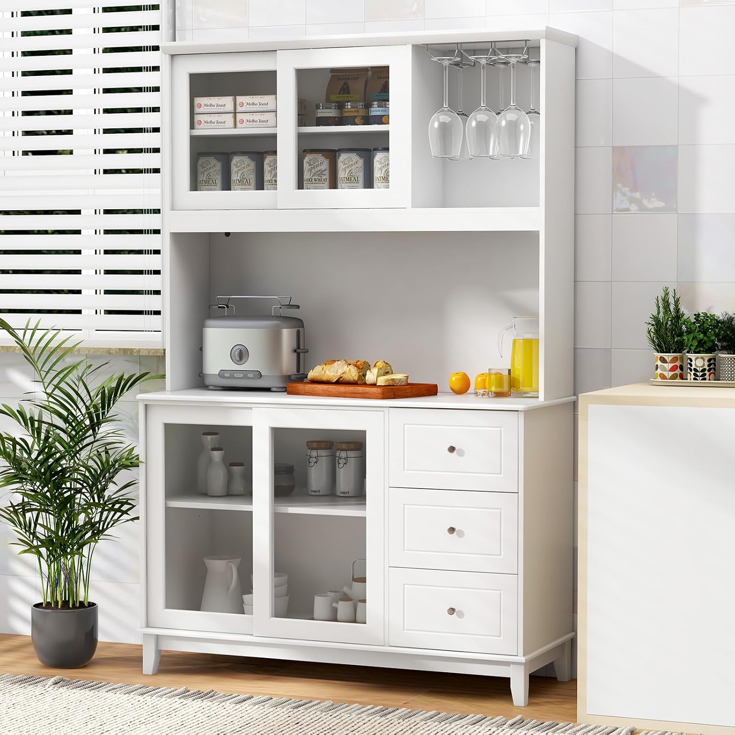 Giantex 73' Kitchen Pantry Storage Cabinet, Buffet Hutch Cabinet with LED Lights & Power Outlet, Kitchen Sideboard w/Wine Glass Racks, Countertop, Adjustable Shelves, Drawers for Dining Room (White)
