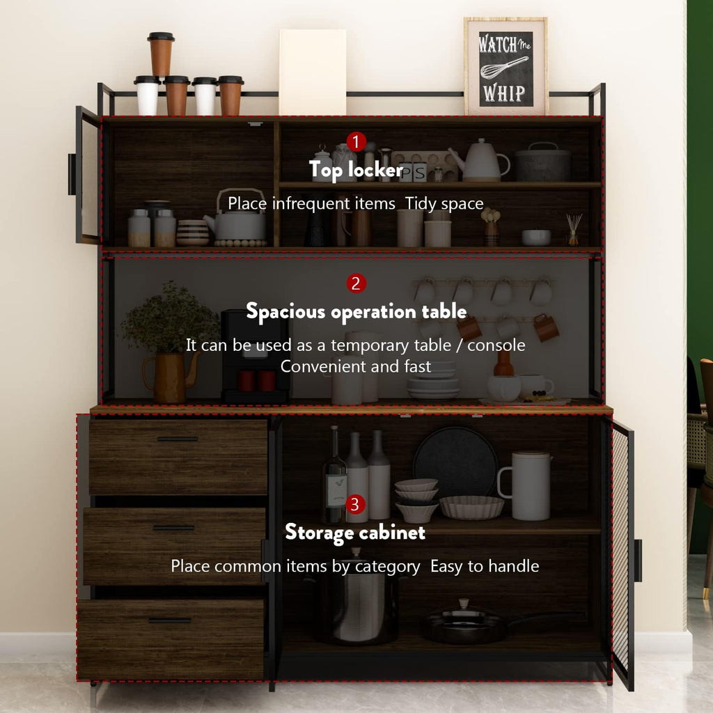 AGOTENI Large Kitchen Hutch Cabinet, Storage Cupboard Pantry with 3 Metal Doors, 3 Drawers & Microwave Shelf, for Kitchen Open Storage, Rustic Brown (59' W x 15.7' D x 68.5' H)