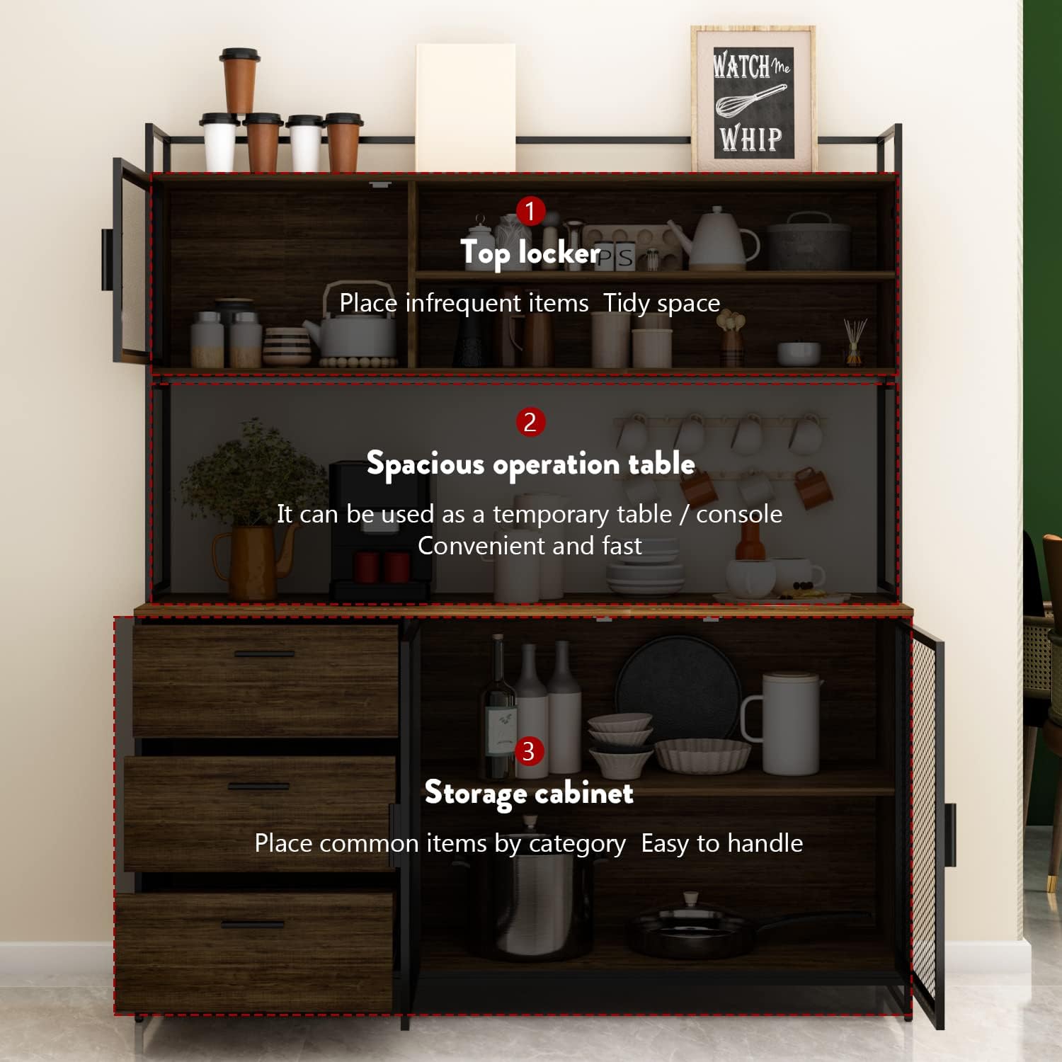 AGOTENI Large Kitchen Hutch Cabinet, Storage Cupboard Pantry with 3 Metal Doors, 3 Drawers & Microwave Shelf, for Kitchen Open Storage, Rustic Brown (59' W x 15.7' D x 68.5' H)