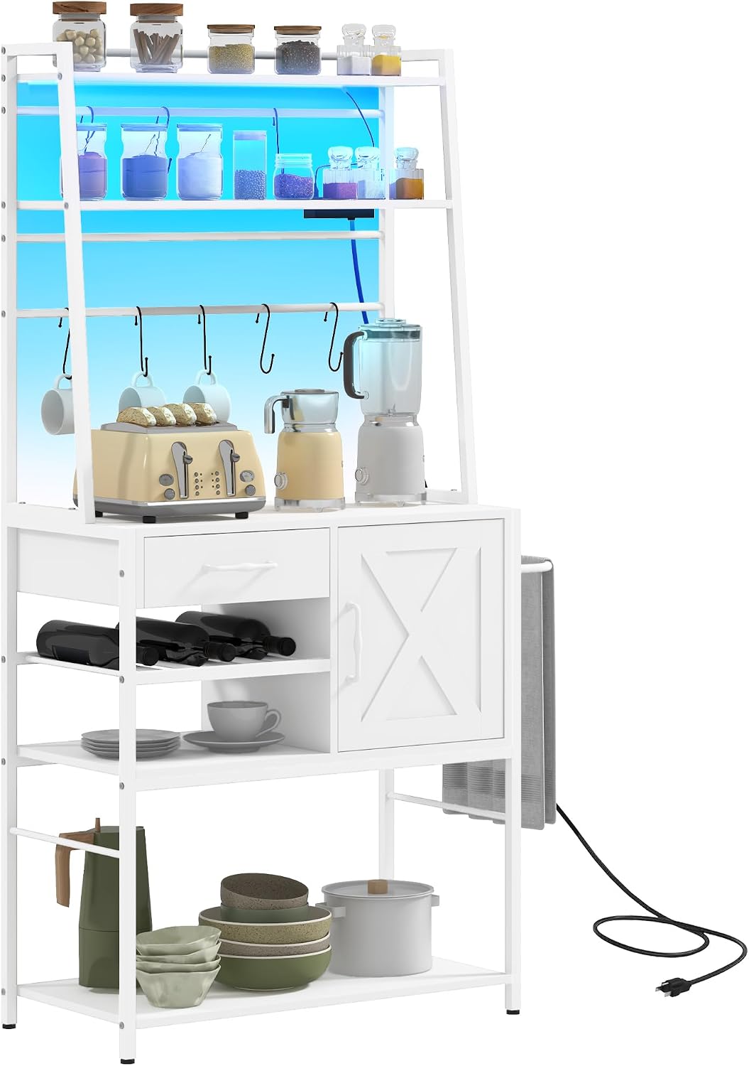Rack with Power Outlet and LED Lights, Coffee Bar with Storage Shelves, Industrial Microwave Stand with Wine Bottle Rack, Drawer, Barn Door Cabinet, White