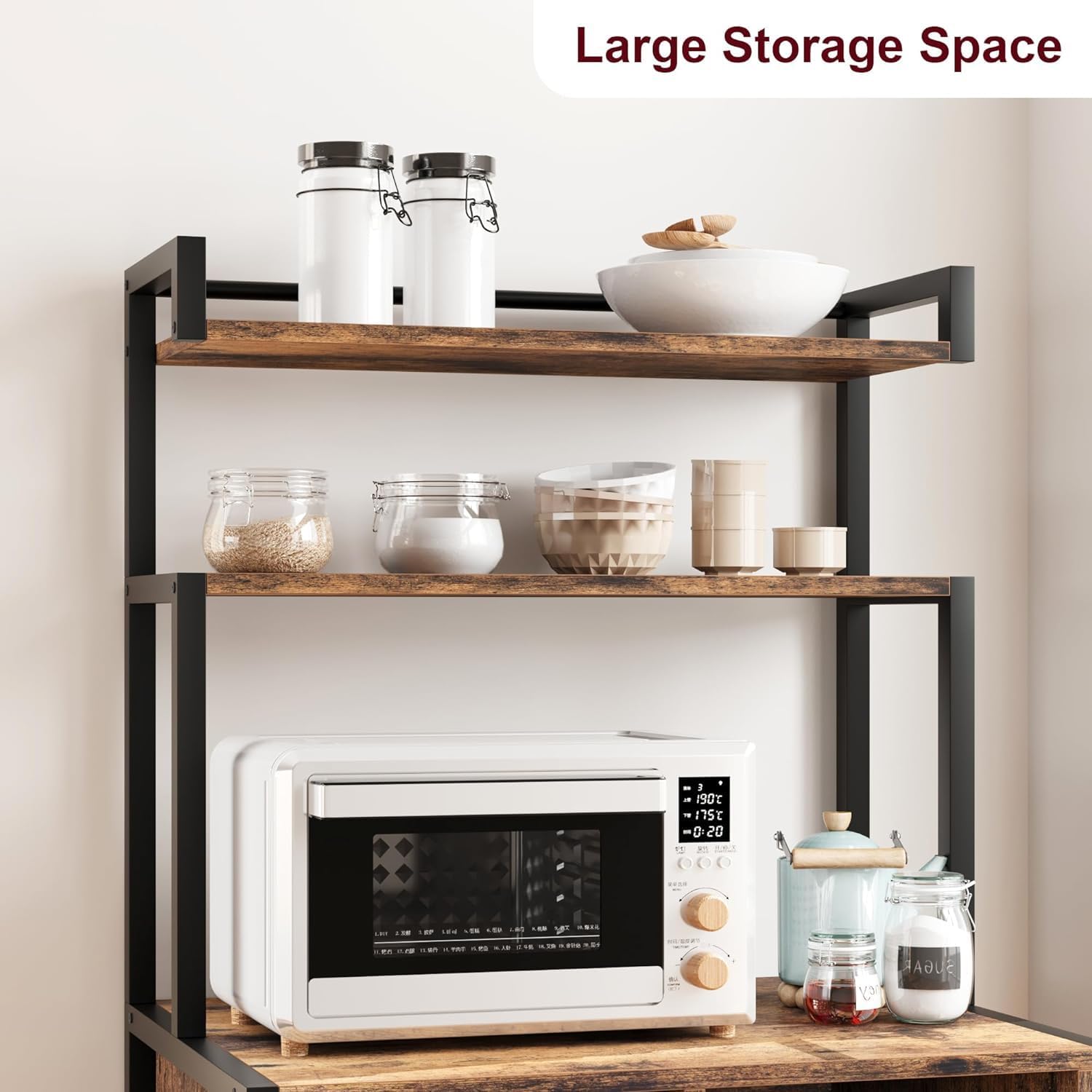 Bakers Rack with Power Outlets, 5-Tier Microwave Oven Stand with Drawer and Sliding Shelves, Freestanding Coffee Bar, Kitchen Storage Shelf with 2 Drawer,Brown