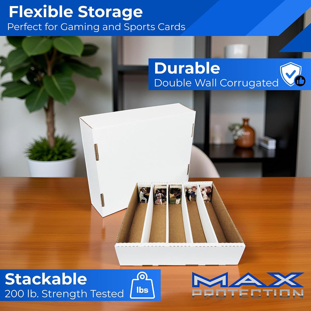 Max Protection 5-Row TCG Card Storage Box - 5000 Count Bulk Card Storage Box for Trading, Sports, Gaming, Baseball Cards - Durable White Corrugated Organizer Boxes 200 lb. - Made in USA (25 Boxes)
