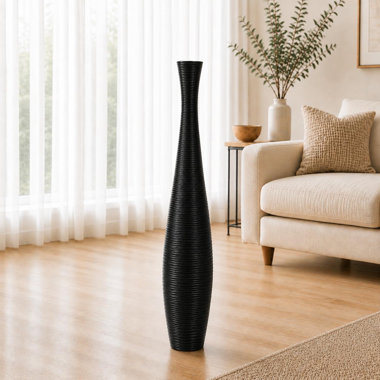 Leewadee Large Black Home Decor Floor Vase - Wooden 34 inch Tall Farmhouse Decor Flower Holder for Fake Plant and Pampas Grass