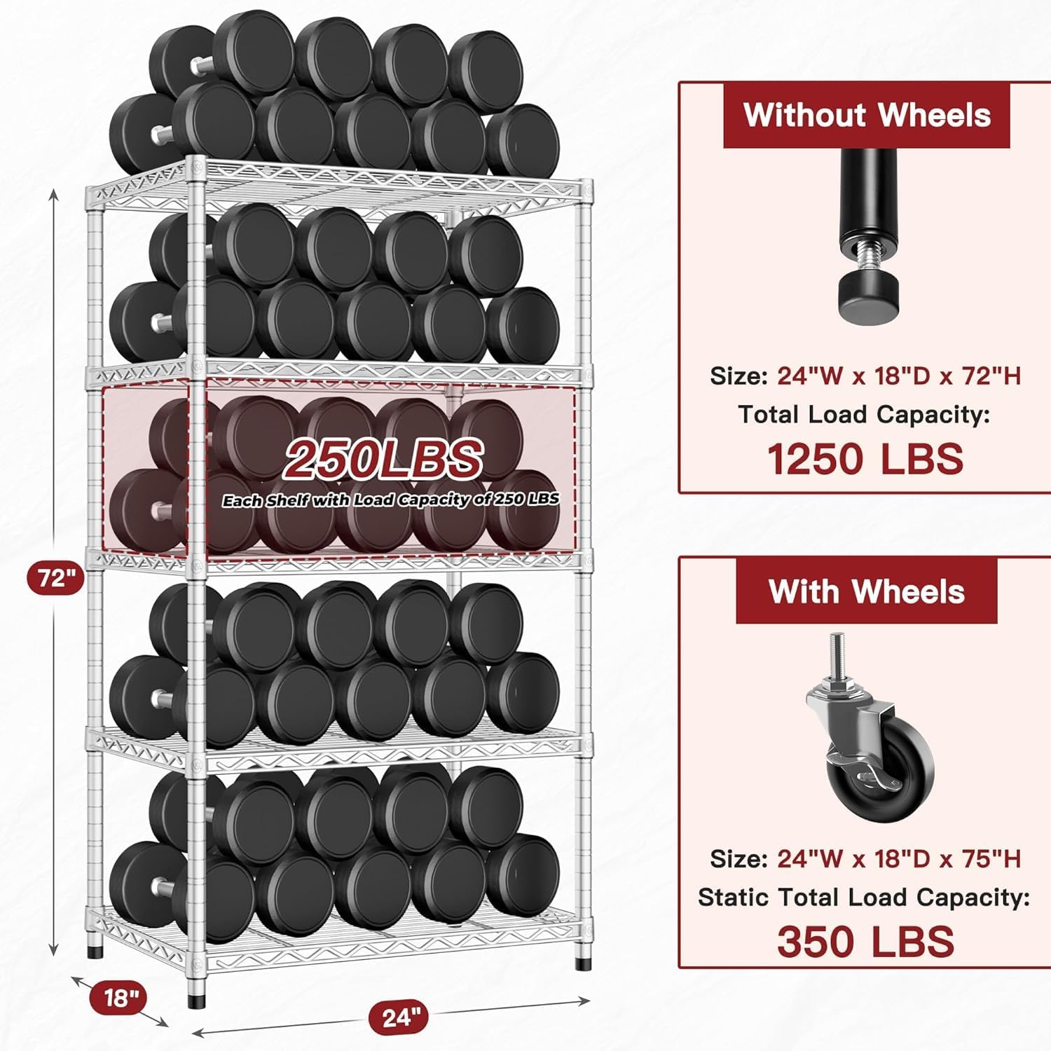PrimeZone 2 Pack Steel Storage Wire Shelving 5 Tier Metal Shelves with Wheels,Adjustable Kitchen Utility Shelving Unit,Pantry Rack Rolling Metal Shelf Laundry,Chrome 24' Wx18 Dx75 H