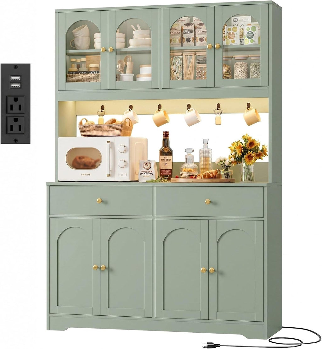 HIFIT 71' LED Kitchen Pantry Cabinet with Power Outlet, Large Kitchen Hutch Cabinet with 2 Storage Drawers & Arched Door, Countertop & Hooks, Tall China Bar for Dining Living Room (Green)