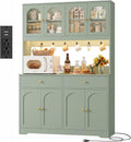 HIFIT 71' LED Kitchen Pantry Cabinet with Power Outlet, Large Kitchen Hutch Cabinet with 2 Storage Drawers & Arched Door, Countertop & Hooks, Tall China Bar for Dining Living Room (Green)