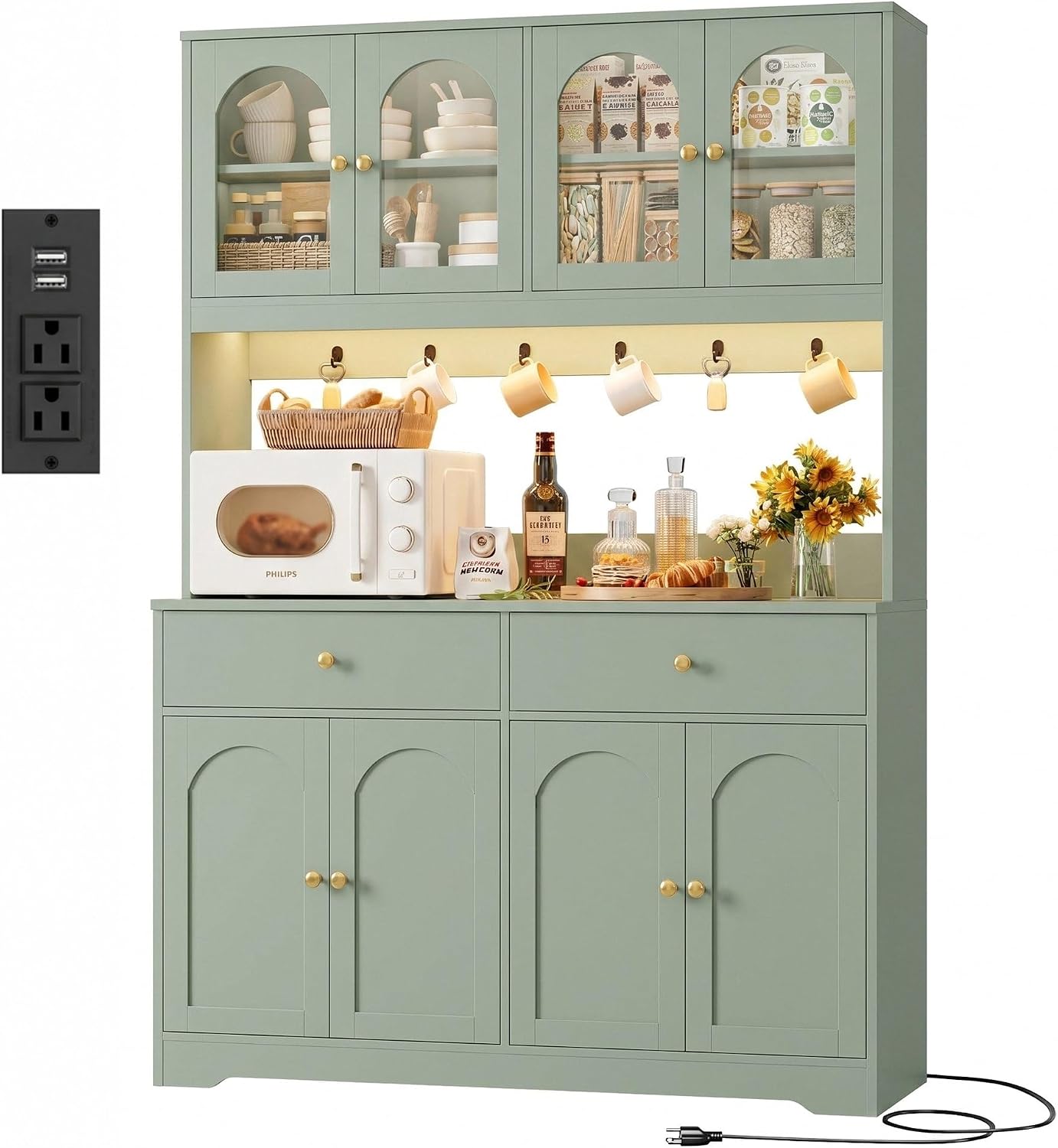 HIFIT 71' LED Kitchen Pantry Cabinet with Power Outlet, Large Kitchen Hutch Cabinet with 2 Storage Drawers & Arched Door, Countertop & Hooks, Tall China Bar for Dining Living Room (Green)