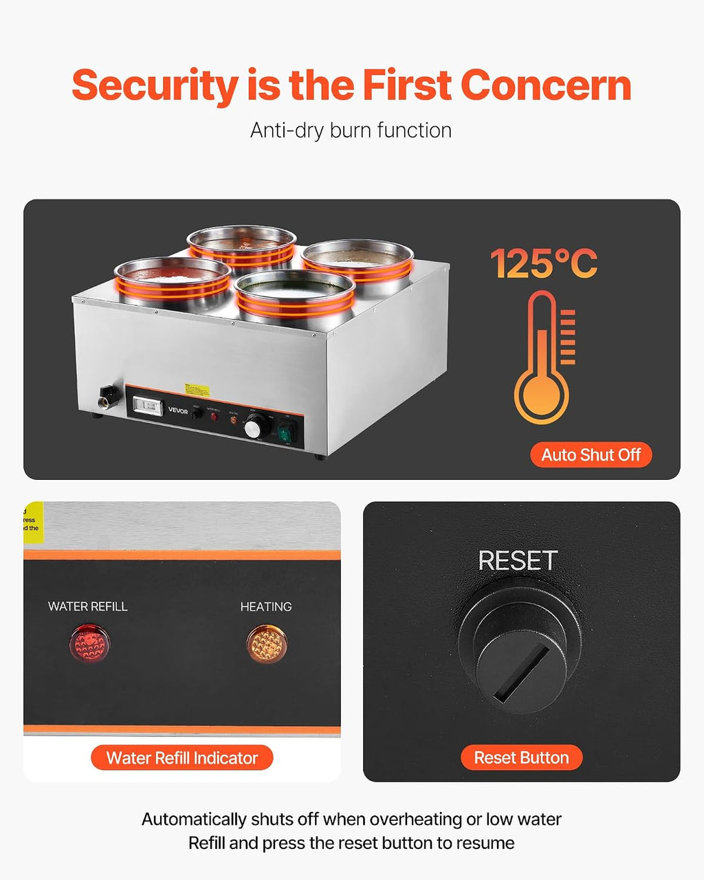 VEVOR Electric Soup Warmer, Four 6.34QT Stainless Steel Round Pot with 86~185°F Adjustable Temp, 1500W Commercial Bain Marie with Anti-Dry Burn and Reset Button, Soup Station for Restaurant, Buffet