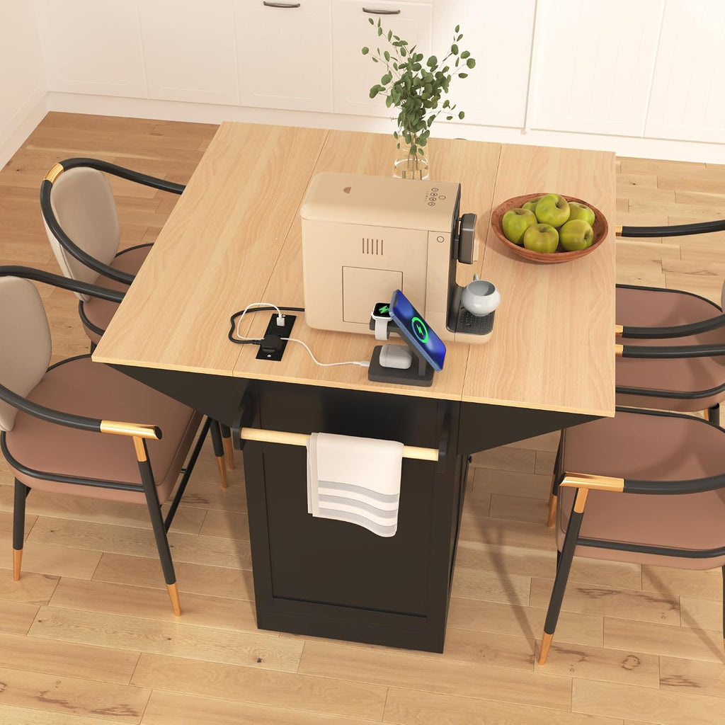 Modern Large Kitchen Island with 2 Drop Leaf, Rolling Kitchen Cart on 5 Wheels with Power Outlet, Folding Storage Dining Table for Kitchen, Dining Room (Black/Folding)