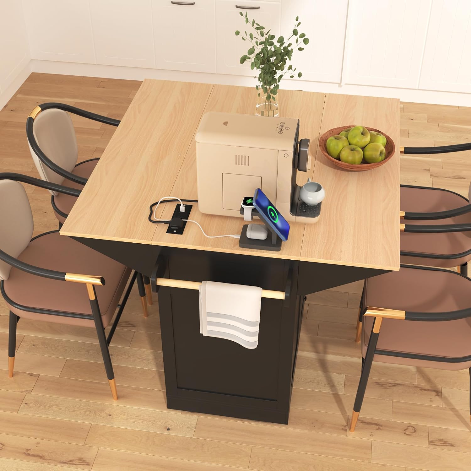 Modern Large Kitchen Island with 2 Drop Leaf, Rolling Kitchen Cart on 5 Wheels with Power Outlet, Folding Storage Dining Table for Kitchen, Dining Room (Black/Folding)