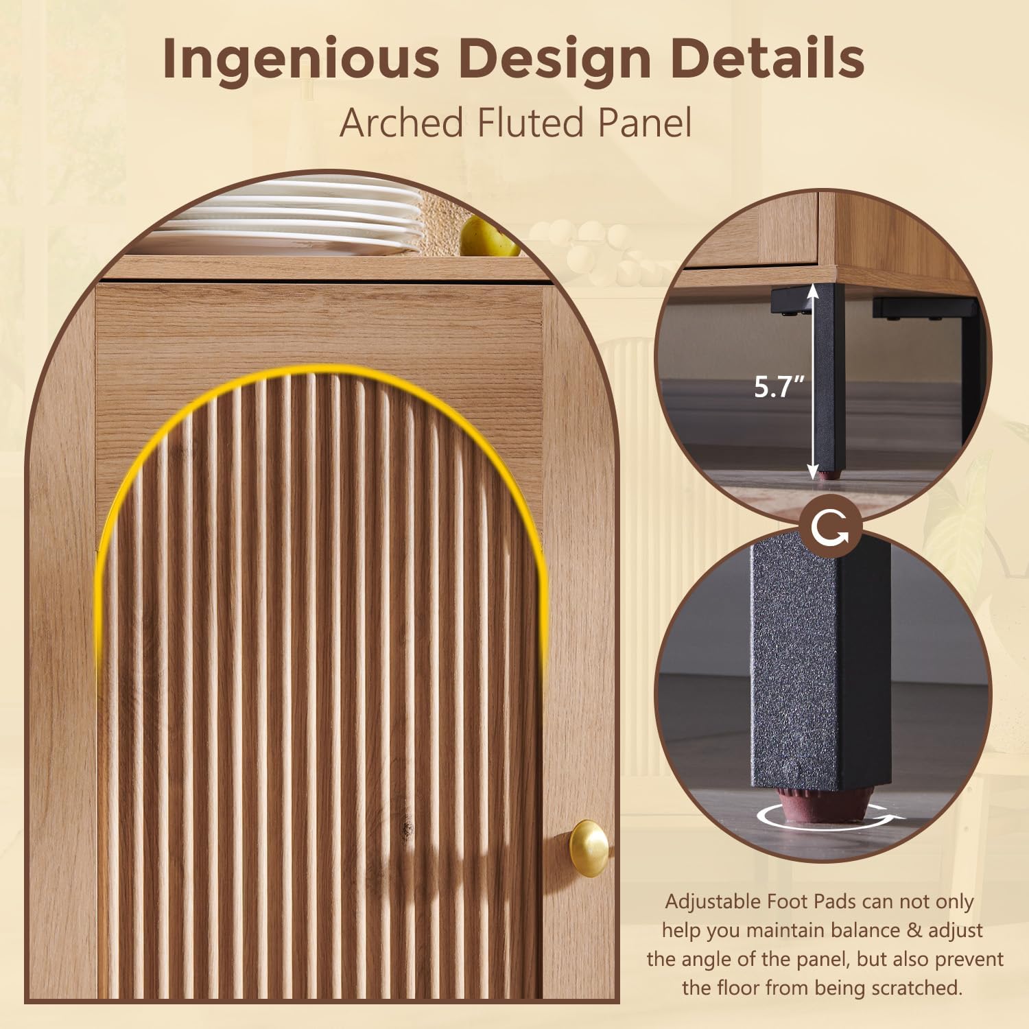 IFGET Modern Buffet Cabinet with Storage, 123.5' W Fluted Arched Sideboard Cabinet w/Adjustable Shelves, Wooden Modular Coffee Bar for Dining Room, Kitchen, Living Room, Entryway, Natural