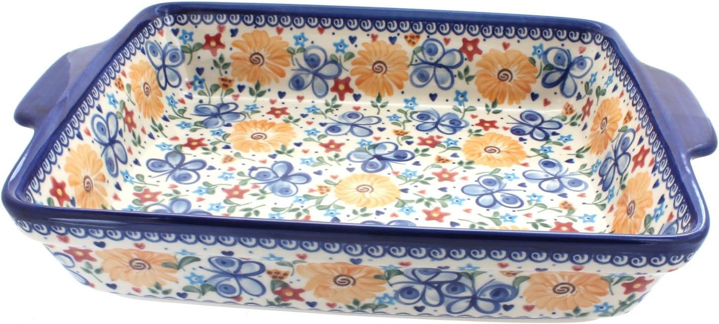 Blue Rose Polish Pottery - Yellow Butterfly Baker with Handles - 13' x 10.5' - Unique, Dishwasher Safe, & Durable Bakeware