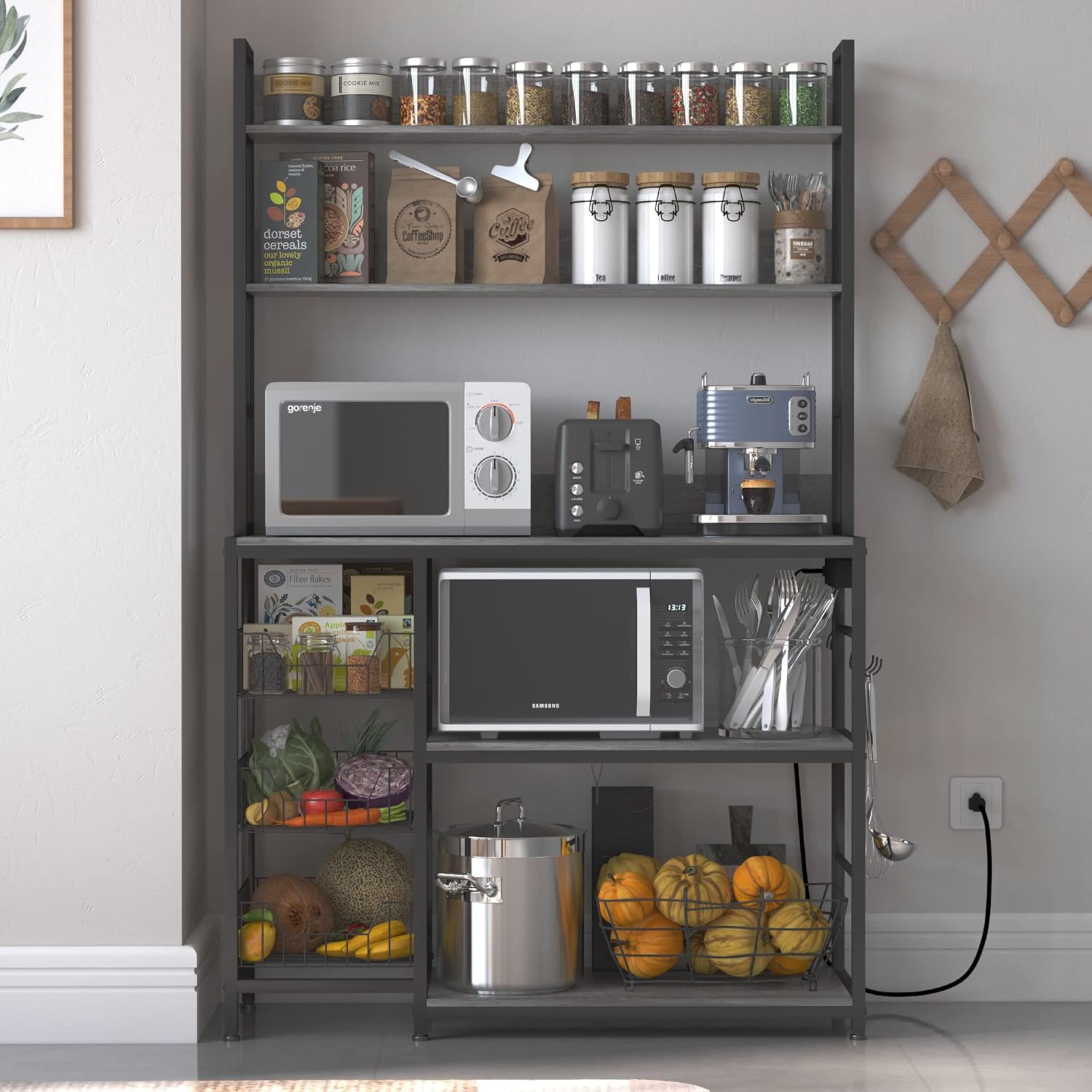 Kitchen Bakers Rack with Baskets and Power Outlet,5-Tier Kitchen Utility Storage Shelf with Hooks, Microwave Oven Stand Rack,Vintage Grey Free Standing Kitchen Shelf