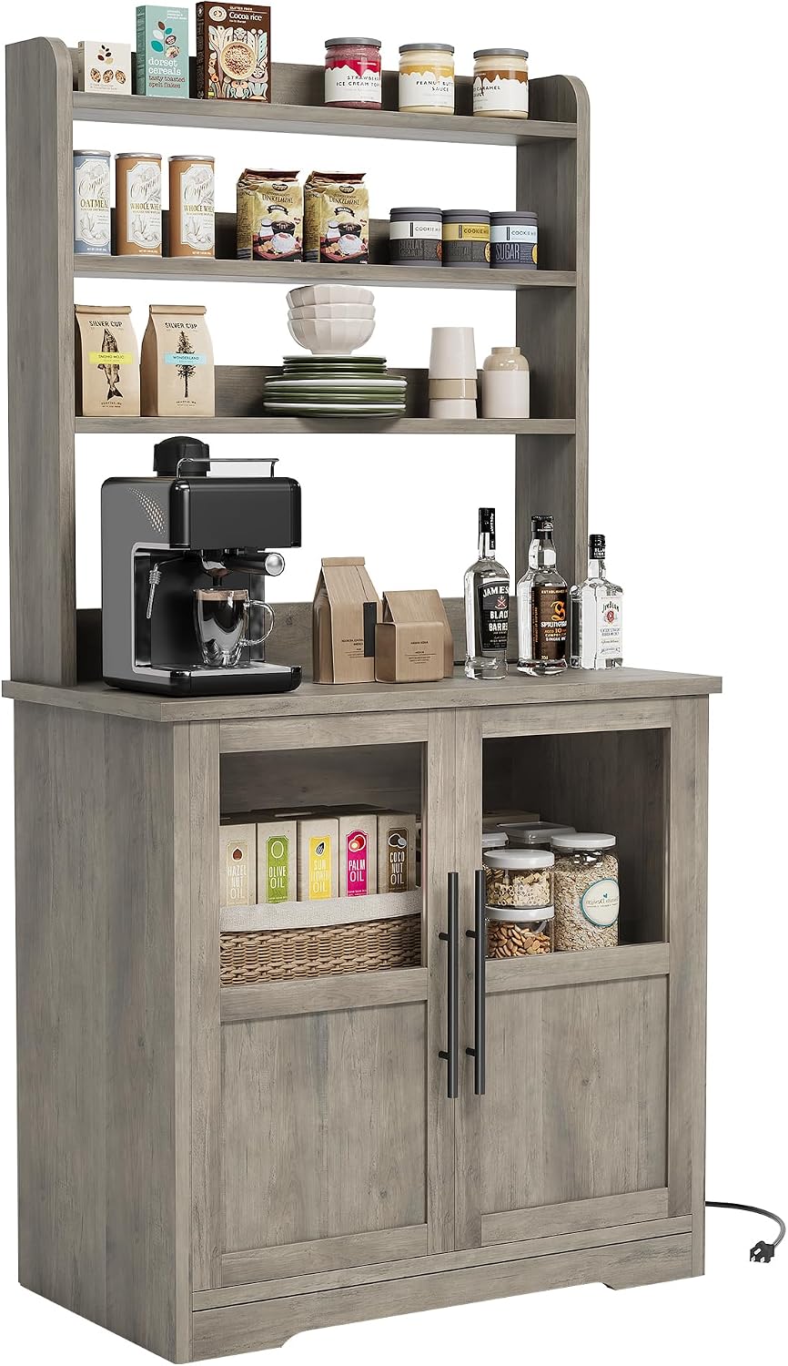 Farmhouse Bakers Rack with Charging Station & Glass Door Cabinet, Rustic Wood Microwave Stand Coffee Hutch for Kitchen, Living & Dining Room