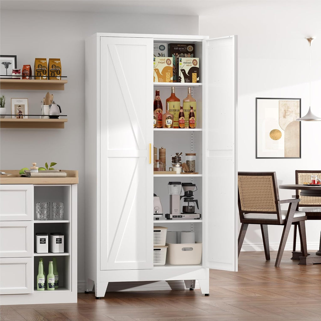 Kitchen Pantry Cabinet,71' H x 31.5' W,Metal Farmhouse Storage Cabinet with Adjustable Shelves and Barn Doors,5-Tier Storage Cabinet for Kitchen Dining Room Garage,White 1 Pack
