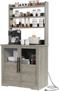 Microwave Stand & Coffee Bar Cabinet | 6-Tier Kitchen Bakers Rack with Storage, Power Outlet, and Glass Doors | Freestanding Tall Wooden Hutch for Dining Room Organization