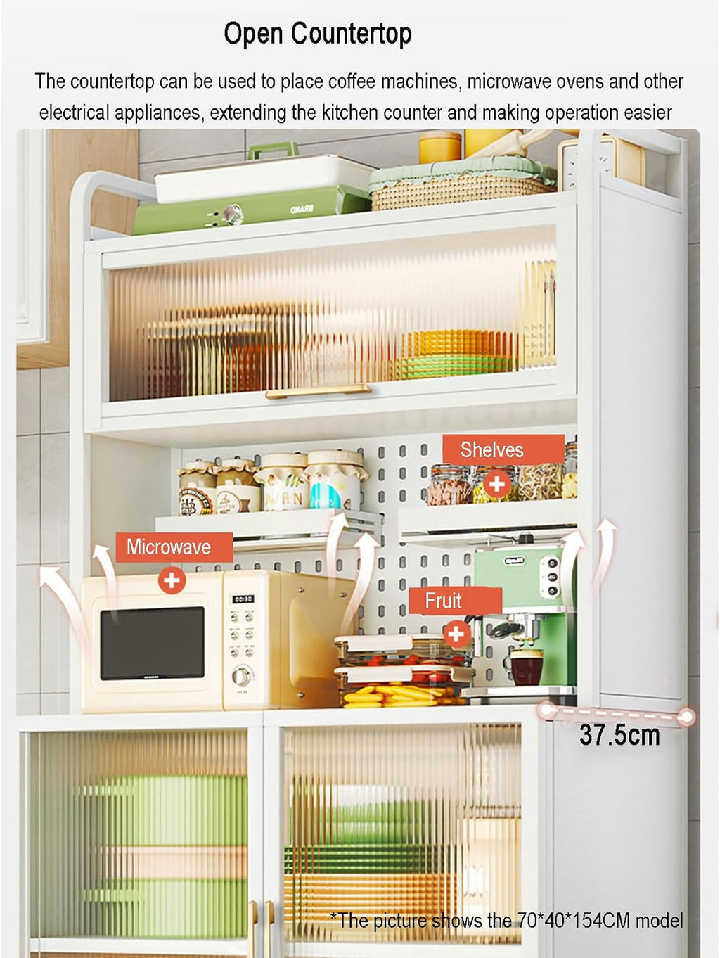 Bakers Rack with Storage Cabinet, Sideboard Cabinet Coffee Bar Cabinet with Power Outlet 5-Tier Microwave Oven Stand with Shelves Kitchen Storage Shelf with Cabinet,80cm