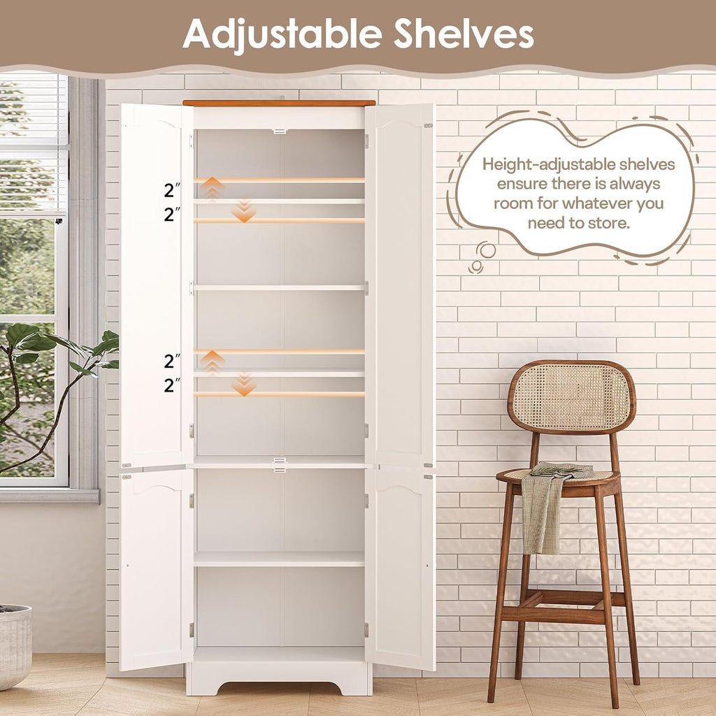 Wood Storage Cabinet- 72.2'' Pantry Cabinets for Kitchen Storage, 4 Door Freestanding Cupboard, Tall Narrow Storage Cabinets for Bathroom, Dining Room, Living Room, Laundry, Garage, Entryway,White