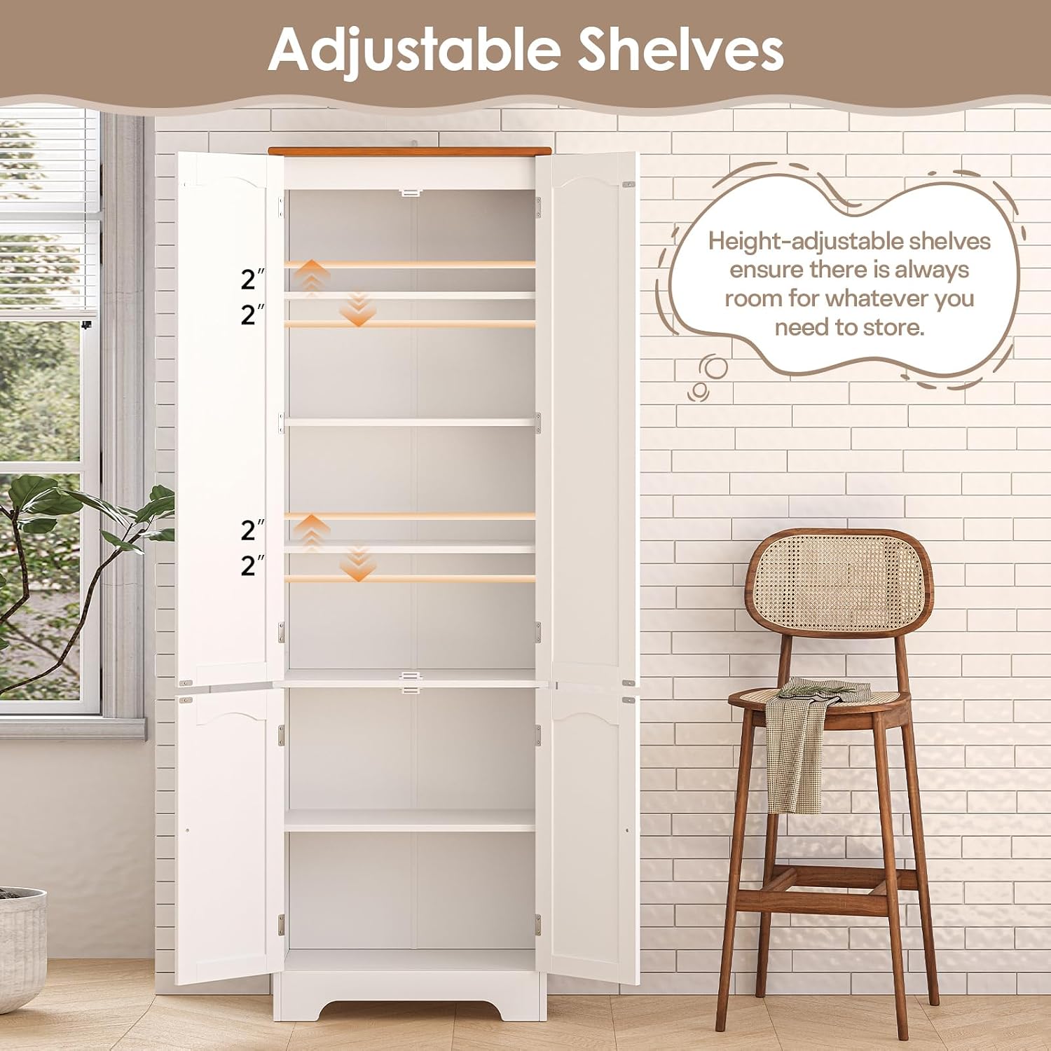 Wood Storage Cabinet- 72.2'' Pantry Cabinets for Kitchen Storage, 4 Door Freestanding Cupboard, Tall Narrow Storage Cabinets for Bathroom, Dining Room, Living Room, Laundry, Garage, Entryway,White