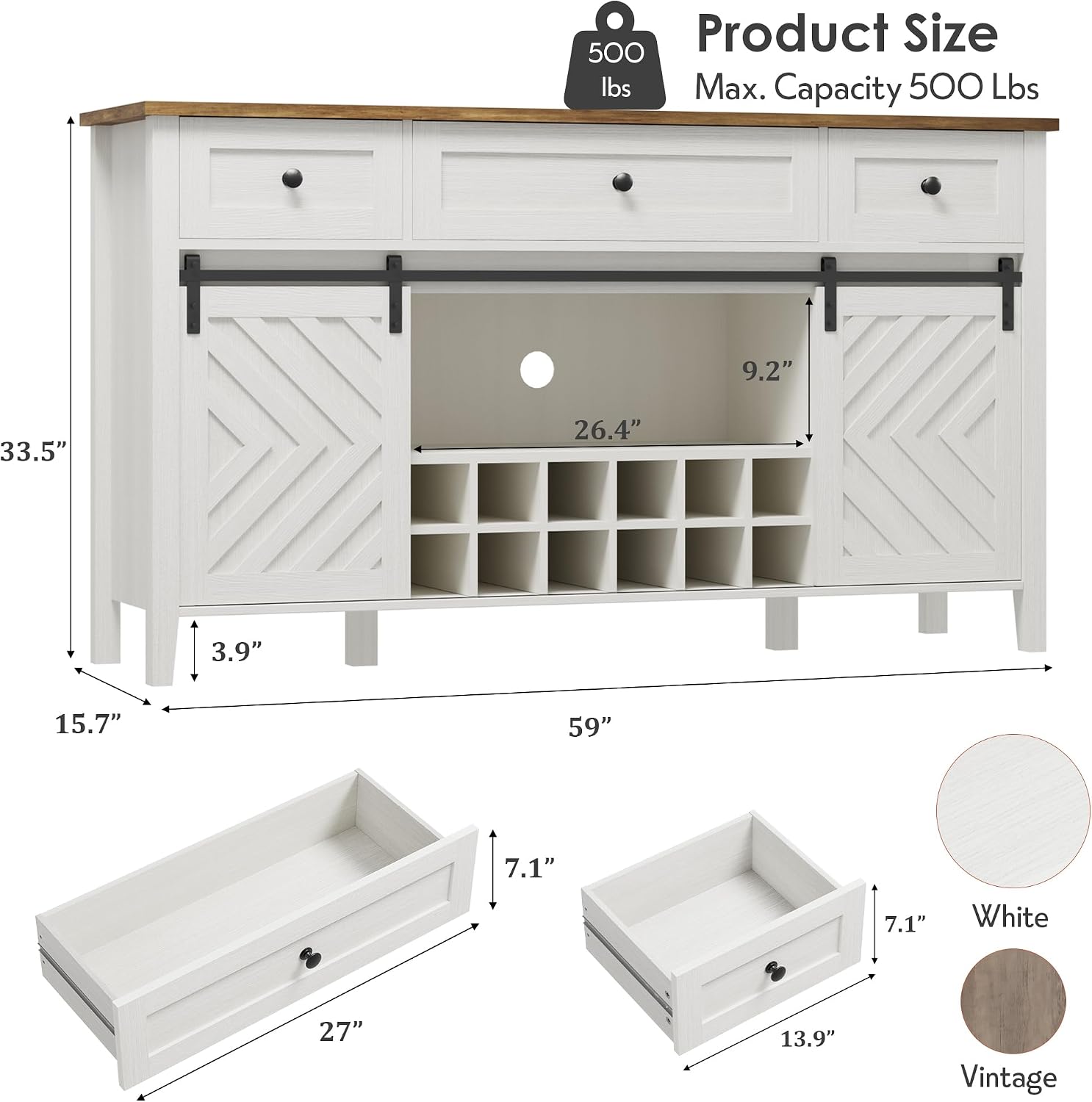CABIHOME Farmhouse 47.2'' Buffet Cabinet with Sliding Barn Door, 33.4'' Tall Wood Rustic Sideboard with 3 Drawer, Adjustable Shelf and Removable Wine Rack (White, 59'')