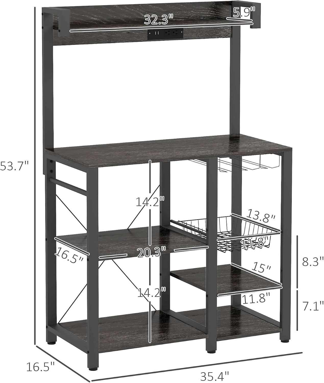 Rack with Power Outlet and LED Lights, Bakers Racks for Kitchens with Storage, Industrial Microwave Stand with Glass Holders, Metal Basket, Multiple Shelves, Gray