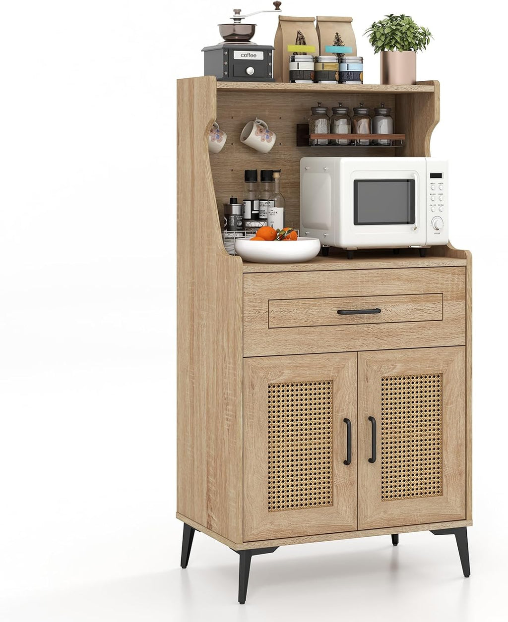 Giantex 45.5' Kitchen Pantry Cabinet, Buffet Sideboard w/Hutch, PVC Rattan Door, DIY Pegboard, Drawer, Adjustable Shelf, Metal Legs, Microwave Stand, Wood Storage Cabinet for Coffee Bar Kitchen (Oak)