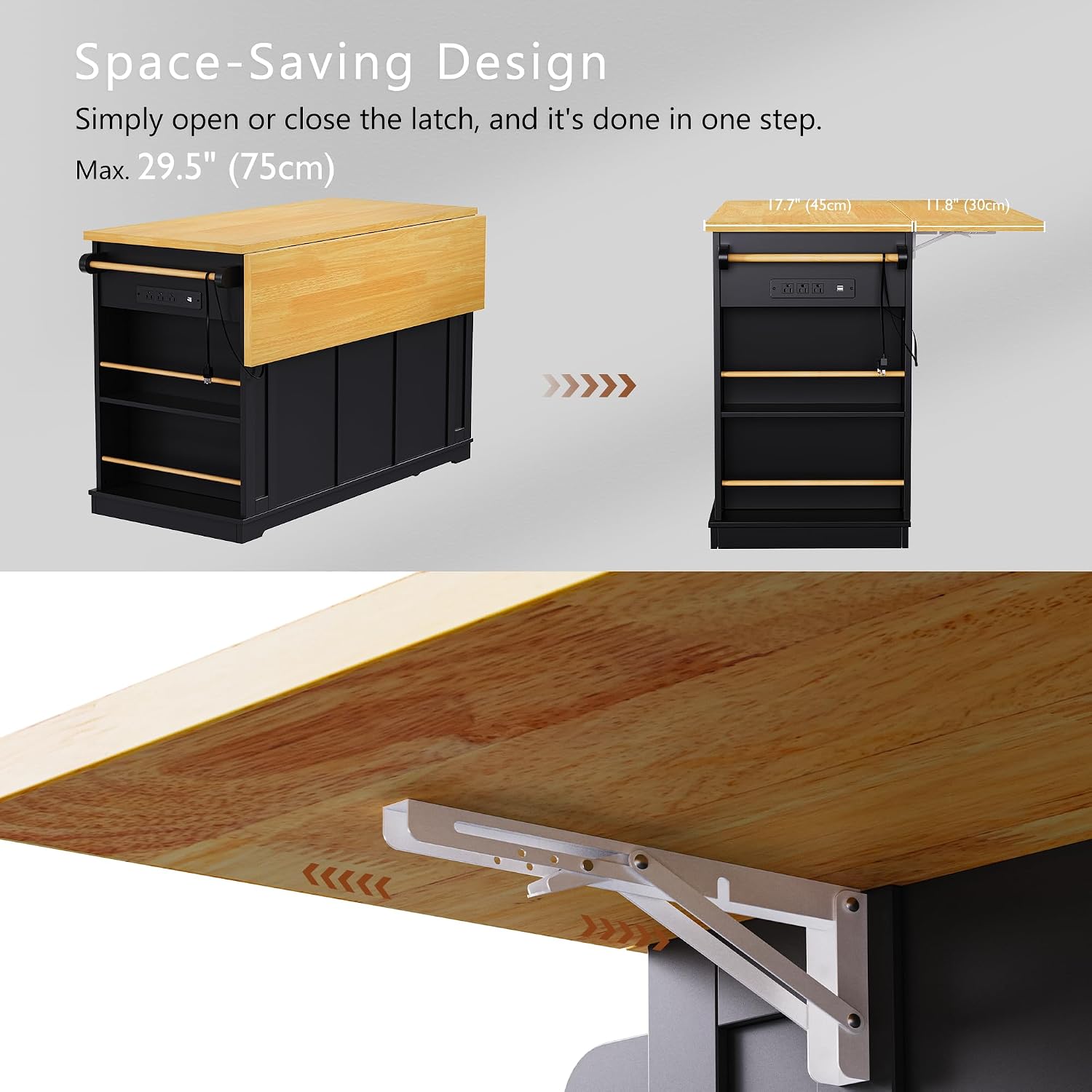 Large Kitchen Island Cart on 5 Wheels with 2 Bar Stools, Power Outlet, 3 Drawers, Kitchen Storage Cart with 5 Open Side Racks, Drop Leaf for Kitchen, Dining Room, Home Bar Black