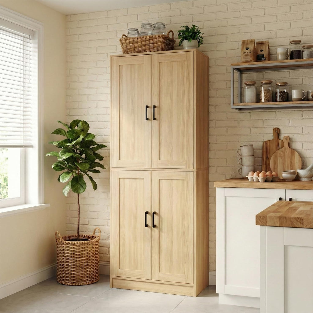 DIYART 71' Tall Kitchen Pantry Cabinet, Freestanding Food Storage Organizer with Doors & Adjustable Shelves, Large Utility Hutch Cupboard for Dining Room, Kitchen & Home Office, Oak