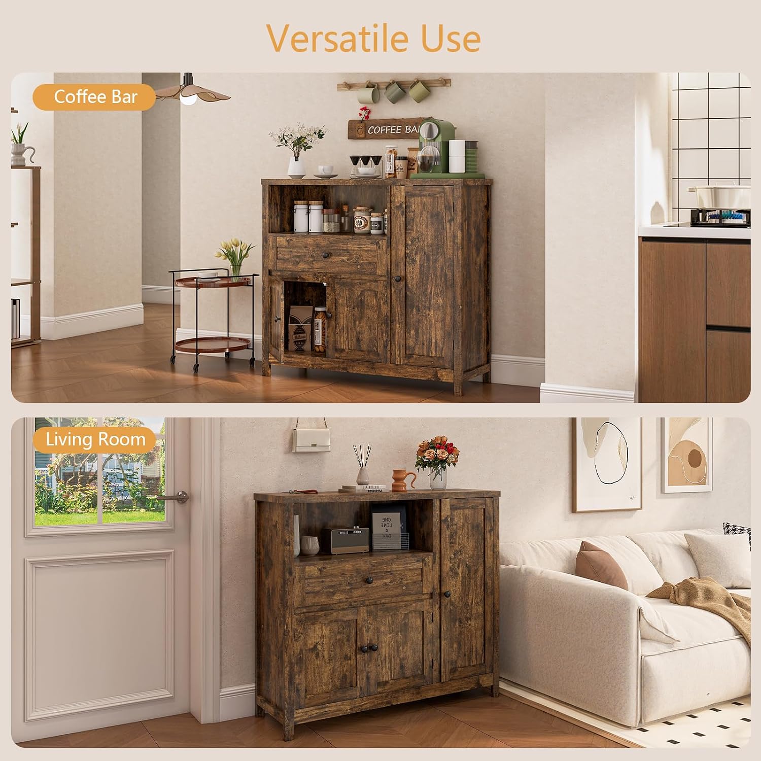 Viaozutis Coffee Bar Cabinet with Doors and Drawer, 35.4' Kitchen Storage Cabinet with Adjustable Shelf, Freestanding Buffet Sideboard for Dining Room, Bathroom, Entryway,（Retro）