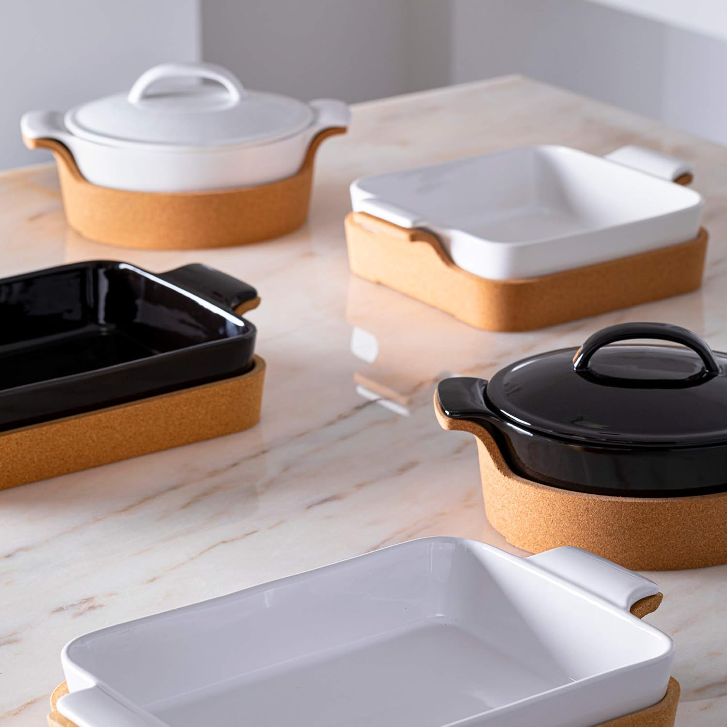 Casafina Ceramic 10' Square Baker with Cork Tray - Ensemble Collection, White | Oven & Dishwasher Safe Bakeware | Food Safe Glazing | Restaurant Quality Dinnerware
