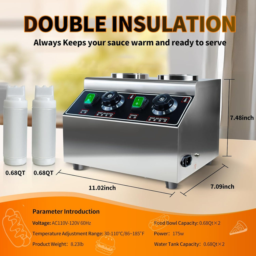 KOOTEN Cheese Warmer Electric Sauce Bottle Warmer Hot Chocolate Warmer and Dispenser 0.68x2 Qt Commercial Hot Fudge Warmer 86-185℉Sauce Warmer Dispenser,Double Bottles Nacho Cheese Warmer