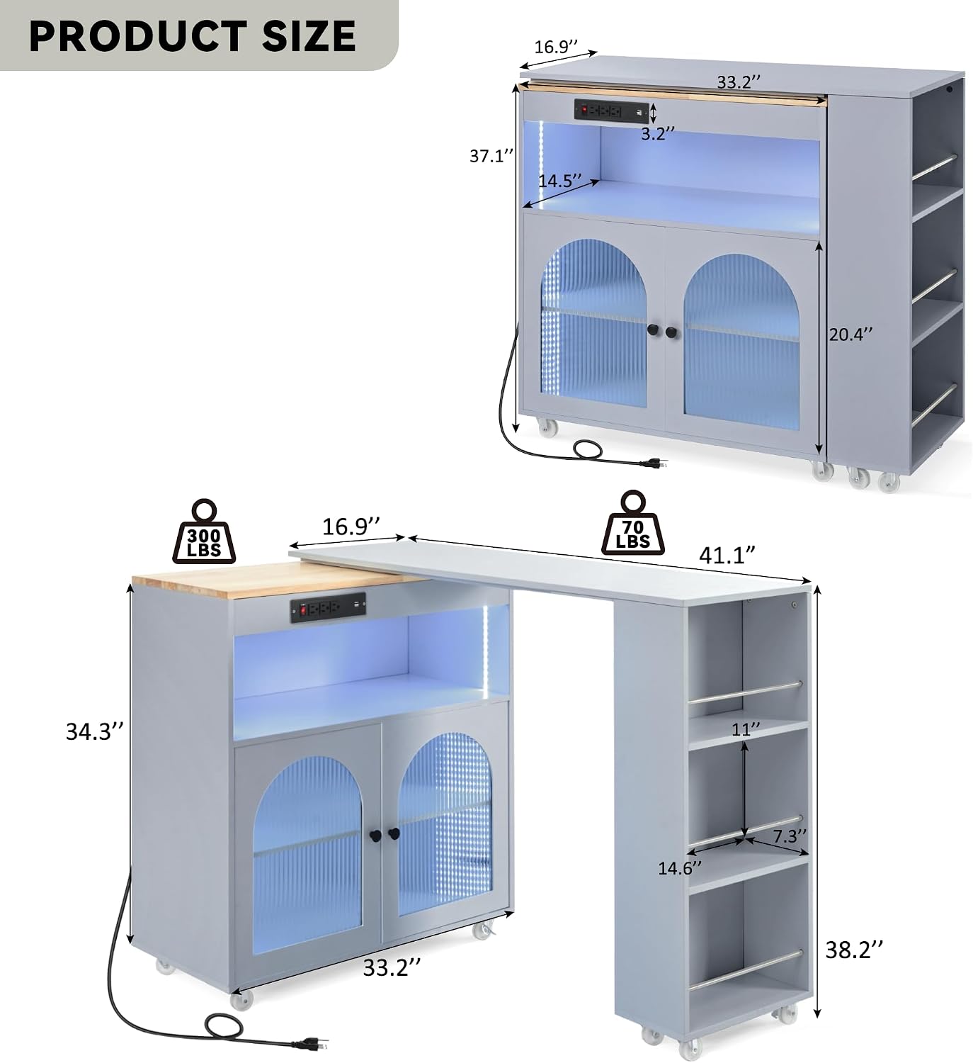 Rolling Kitchen Island Set with Extended Table LED Lights Power Outlets 2 Fluted Glass Doors a Storage Compartment, Side 3 Open Shelves for Dining Room Kitchens Living Room Grey Blue