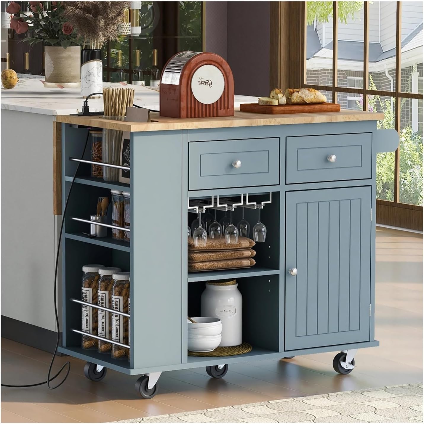Storage Shelf Cart Kitchen Island with Power Outlet,Kitchen Storage Island with Drop Leaf,Open Storage and Wine Rack,5 Wheels,with Adjustable Storage for Home, Kitchen, and Dining Room Multifunction T