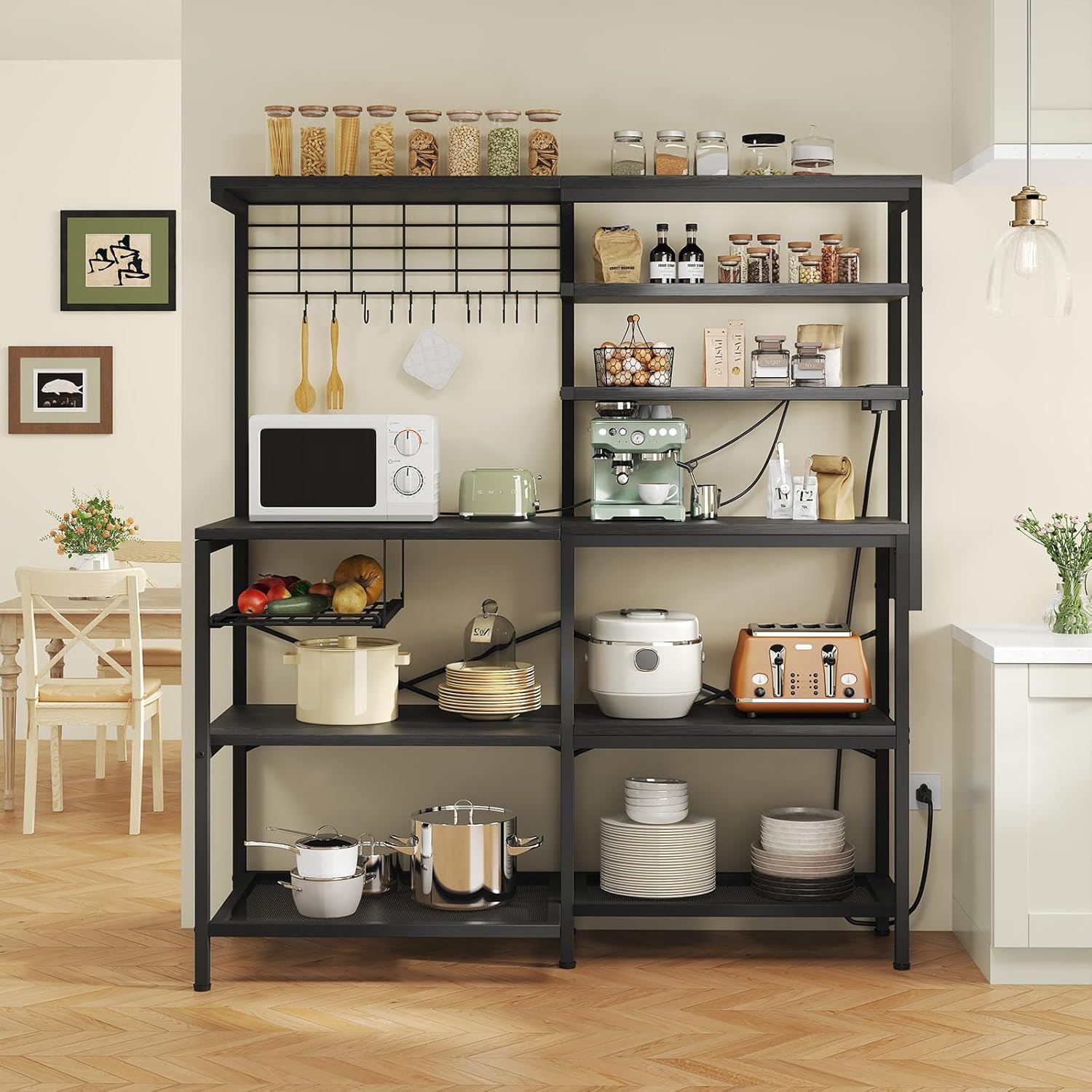L-Shaped Bakers Rack with Power Outlet, 6-Tier Microwave Stand with Open Storage, Kitchen Shelf with Hooks, Coffee Bar with Wire Basket, Black