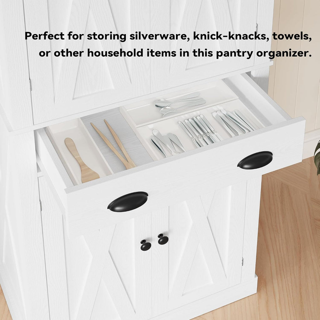 IRONCK Kitchen Pantry Storage Cabinet 83.9' H, with Barn Doors, Drawer, 4 Adjustable Shelves, Freestanding Cupboard for Dining Room Living Room, Laundry, White
