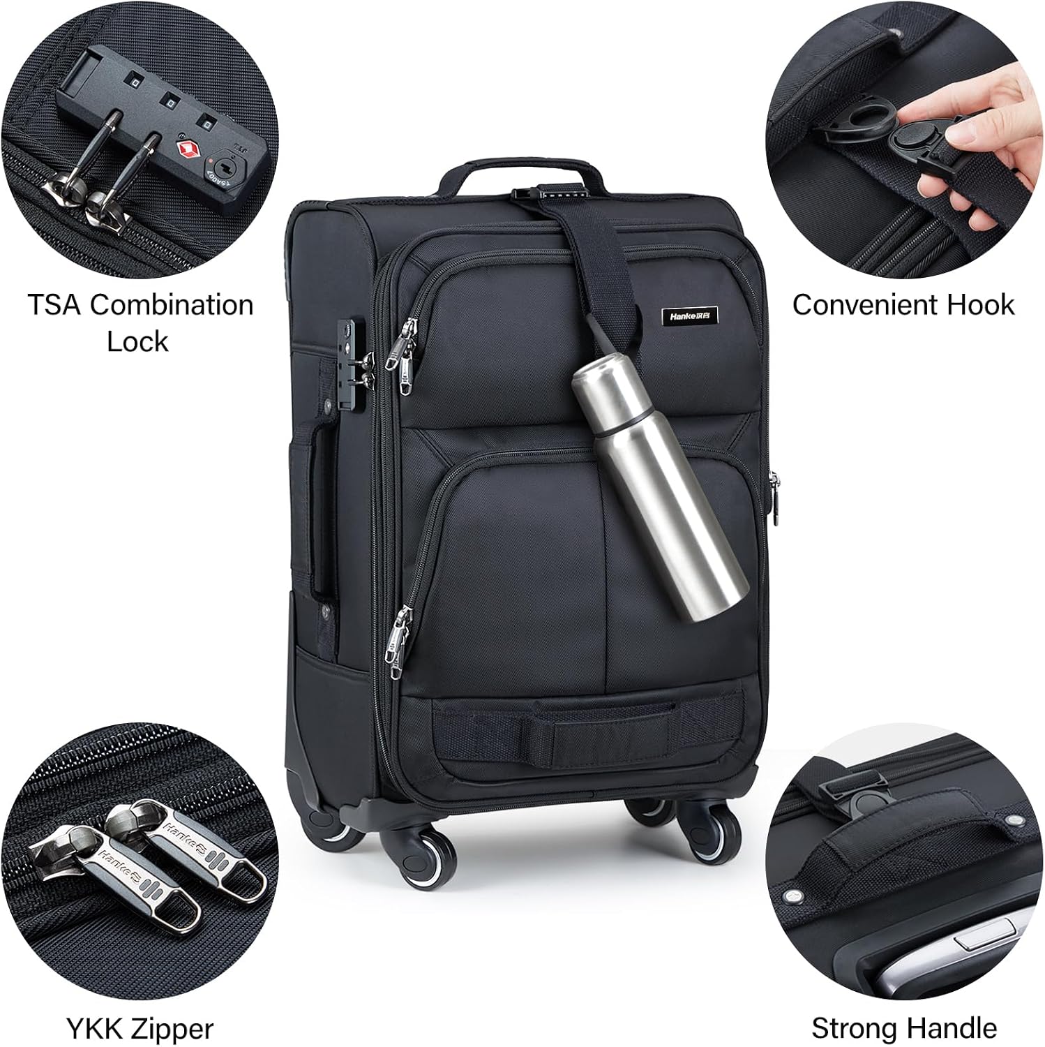 Hanke Luggage Sets 2 Piece Softside Expandable Luggage With Spinner Wheels TSA Lock,Travel Luggage Rolling Suitcase Checked Luggage Black(20/28)