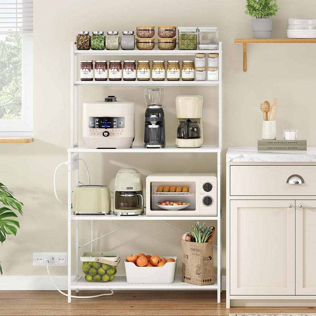 5 Tier Kitchen Appliance Stand with Power Outlet Microwave and Coffee Bar Station White Storage Rack with Shelves Freestanding Organizer for Home Counter Space Organizer Engineered Wood