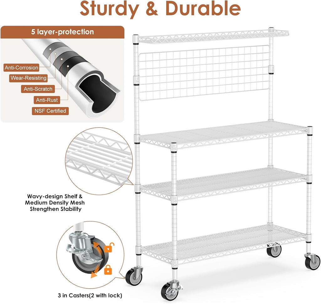 Leteuke 42 Inch Bakers Rack with Wheels, 4-Tier Microwave Stand Kitchen Shelves, NSF Certified Kitchen Storage Cart, Heavy Duty Utility Cart with 20 Hooks & Shelf Liners, 42× 18× 63 Inch, White